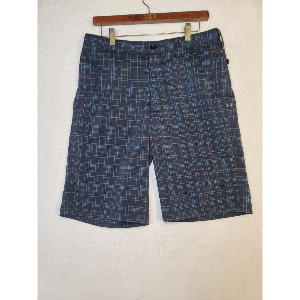 Under Armour Plaid Golf Shorts Mens 32 Grey Blue Performance Flat Front Athletic